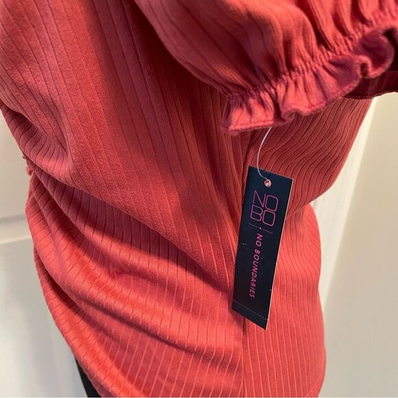 NEW No Boundaries Ruched Front Ribbed Shirt Coral Short Sleeve Junior's Large - Picture 4 of 6